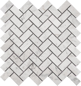 Carrara White Marble Mosaic Tile, CWMM1CRO, 1"X2" Herringbone, 12"X11"X3/8", Polished