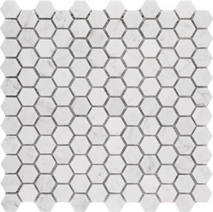 Carrara White Marble Mosaic Tile, CWMM1HEX, 1" Hexagon, 11-1/2"X11"X3/8", Polished