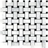 Carrara White Marble Mosaic Tile, CWMM1WEA, 1"X2" Basketweave with Black Dot, 12"X12"X3/8", Polished