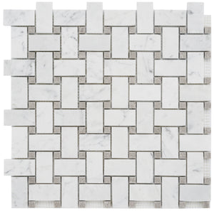 Carrara White Marble Mosaic Tile, CWMM1WEA+G-H, 1"X2" Basketweave with Grey Dot, 12"X12"X5/16", Honed