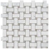 Carrara White Marble Mosaic Tile, CWMM1WEA+G-P, 1"X2" Basketweave with Grey Dot, 12"X12"X5/16", Polished