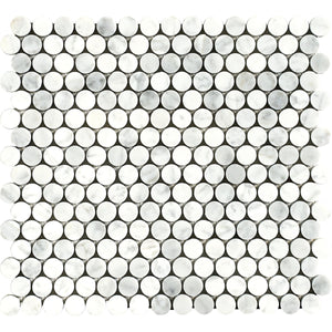Carrara White Marble Mosaic Tile, CWMM34ROU-H, 3/4'' Penny Round, 12"X11.5"X3/8", Honed