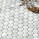 Carrara White Marble Mosaic Tile, CWMM34ROU-H, 3/4'' Penny Round, 12"X11.5"X3/8", Honed