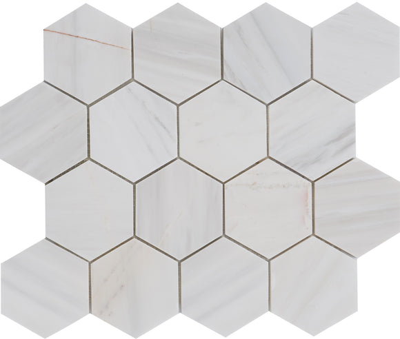 Volakas White Marble Mosaic Tile, VWMM3HEX-A-H, 3