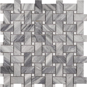 Marble Mosaic Tile, "Basketweave Collection", BGMM1WEA+W-H - Bardiglio Grey 1"X2" Rectangle and White Dot, 12"X12"X3/8"