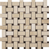 Marble Mosaic Tile, "Basketweave Collection", CMMM1WEA+E-H - Crema Marfil 1"X2" Rectangle and Emperador Dark Dot, 12"X12"X3/8"