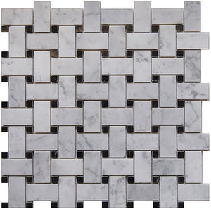 Carrara White Marble Mosaic Tile, CWMM1WEA+B-H, 1"X2" Basketweave with Black Dot, 12"X12"X5/16", Honed