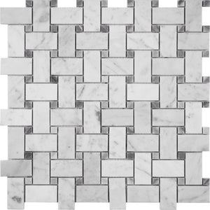 Marble Mosaic Tile, "Basketweave Collection", CWMM1WEA+BG-H - Carrara White 1"X2" Rectangle and Bardiglio Grey Dot, 12"X12"X3/8"