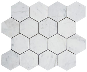 Carrara White Marble Mosaic Tile, CWMM3HEX-A, 2-3/4"X2-3/4" Hexagon, 11-3/4"X10-1/4"X3/8", Polished