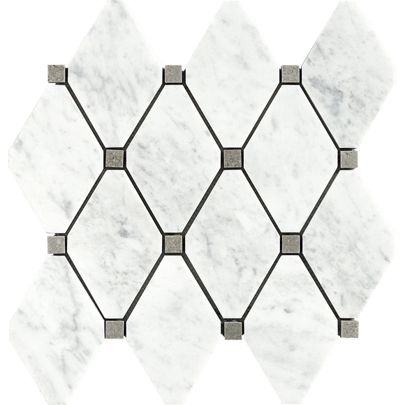 Carrara White Marble Mosaic Tile, CWMM6DIA+G, 5.25''X3'' Big Diamond, 12