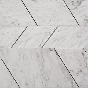 Carrara White Marble Mosaic Tile, CWMM6TRA - Mixed Size Trapezoids and Mixed Size Triangles, 12"X12"X3/8", Polished