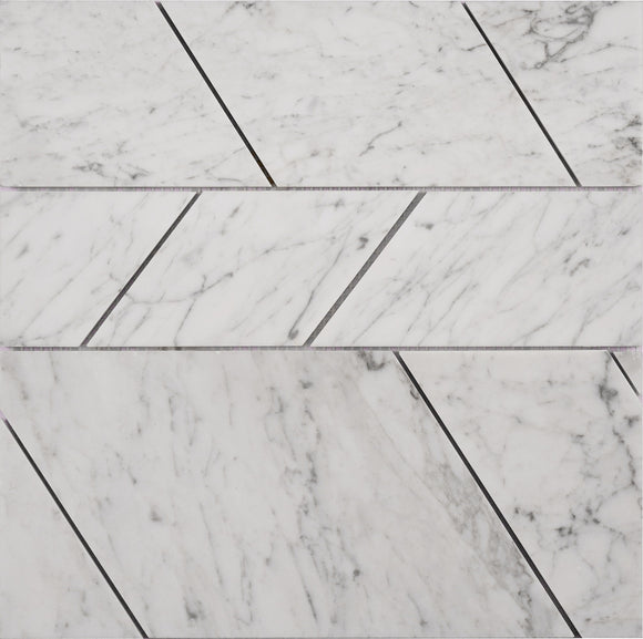 Carrara White Marble Mosaic Tile, CWMM6TRA - Mixed Size Trapezoids and Mixed Size Triangles, 12