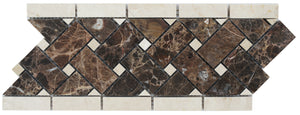 Marble Mosaic Border Tile, "Border Collection", Emperador Dark 1"X2" Basketweave with Crema Marfil Dot, 11"X4-1/2"X3/8", Polished