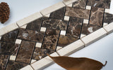 Marble Mosaic Border Tile, "Border Collection", Emperador Dark 1"X2" Basketweave with Crema Marfil Dot, 11"X4-1/2"X3/8", Polished