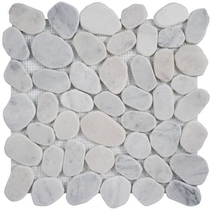 Marble Mosaic Tile, "River Rock Collection", MM 9505 - Carrara White, Chip Size-Mixed Rounds, 12"X12", Tumbled
