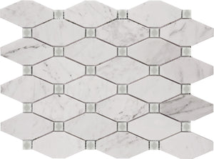 Marble and Glass Mosaic Tile, "Diamond Collection", MM 9601 - Carrara White Diamond and Silver Glass Dot, 13-1/4"X10-1/2"X1/4", Polished