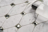 Marble and Glass Mosaic Tile, "Diamond Collection", MM 9601 - Carrara White Diamond and Silver Glass Dot, 13-1/4"X10-1/2"X1/4", Polished