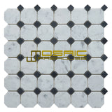 Marble Mosaic Tile, "Carrara White Collection" CWMM2OCT - Octagon with Black dot, 12"X12", Polished