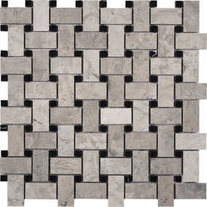 Marble Mosaic Tile, "Basketweave Collection", TGMM1WEA+B-H - Thala Grey 1"X2" Rectangle and Black Dot, 12"X12"X3/8"