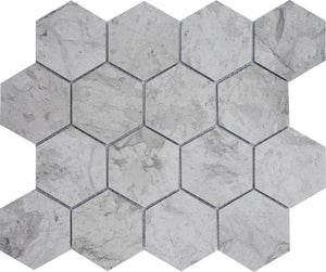 Thala Grey Marble Mosaic Tile, TGMM3HEX-A-H, 2-7/8"X2-7/8'' Hexagon, 11-3/4"X10"X3/8", Honed